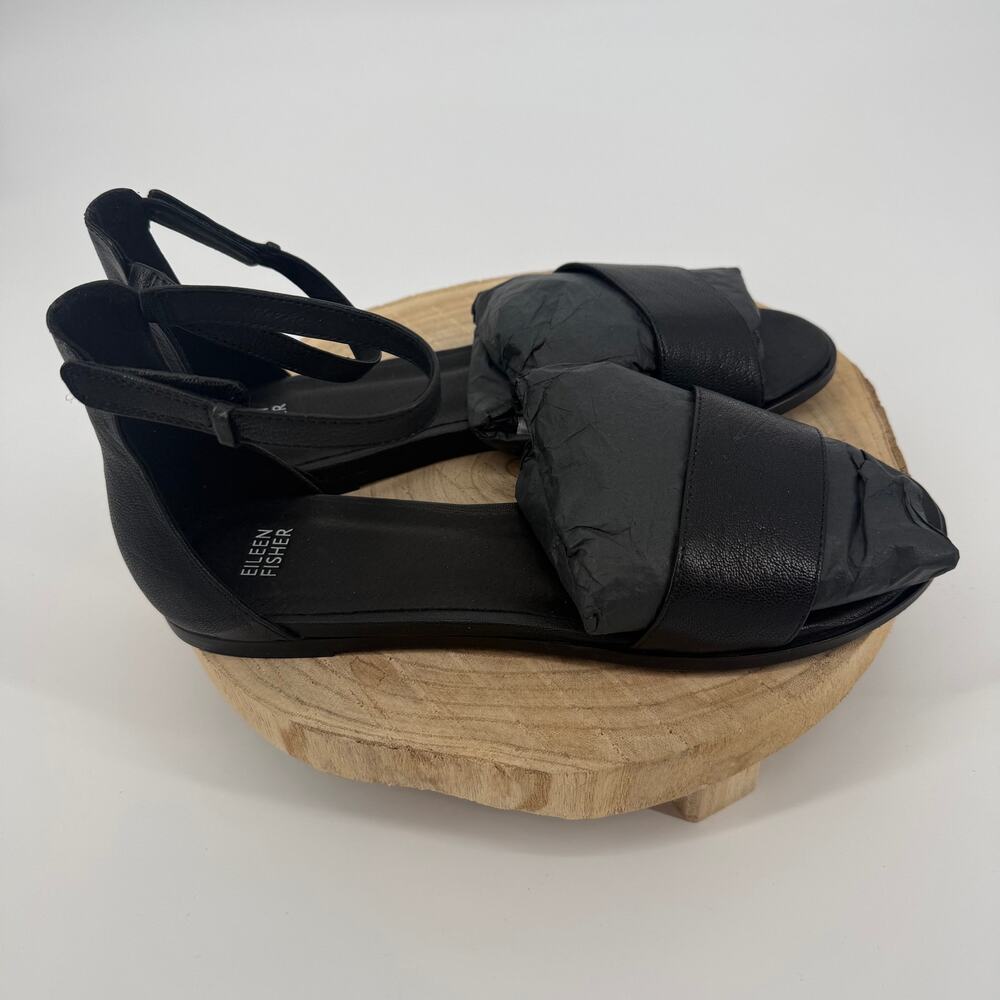 Eileen Fisher Razz Tumbled Leather Ankle-Strap Sandal Black Open Toe Flats 11